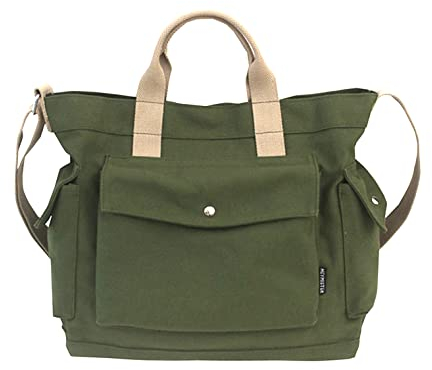 Canvas Tasche Damen Herren Umhängetasche,Täglich Canvas Tote Bag Schultertasche Shopper Lässige Laptop Bag Henkeltasche Einkaufstasche Stofftasche für Uni,Arbeit,Schule,Reise und Einkaufen (L, Grün)