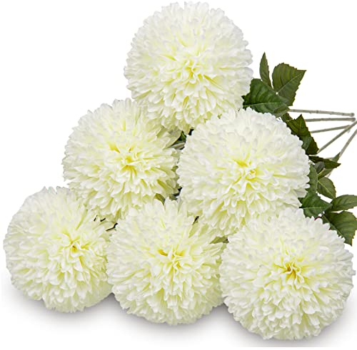 Briful Künstliche Blumen, 6 Stück, große künstliche Blumen, 10.2 cm, Blütenkopf, Seide, künstliche Chrysanthemen, Blumenstrauß, Hortensien, Brautstrauß für Zuhause, Hochzeitsdekoration, cremeweiß