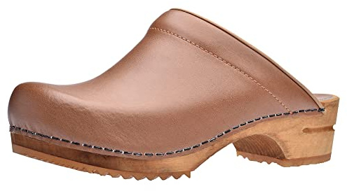 Sanita Lotte offener Clog | Original handgemacht | Leder-Holzclogs für Damen | Nachhaltige Sohle | Cognacbraun | 40 EU