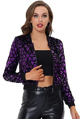 Allegra K Damen Bomberjacke Langarm Glitzer Reißverschluss Pailletten Jacke, violett, 44
