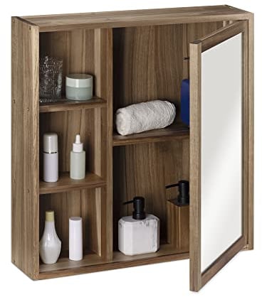 Navaris Armadietto Bagno con Specchio - Mobiletto Pensile Specchiera 5X Ripiani - Mobile Sospeso Lavabo - Mensola Legno Acacia con Anta - 60,5x60x14cm