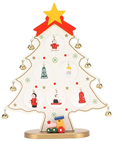 Deosdum Weihnachtsbaum aus Holz mit 8 Glocken und 7 Mini-Weihnachtsschmuck, lustiger Schreibtisch, Weihnachtsbaum, Weihnachtsdekoration, Tischdekoration (weiß)