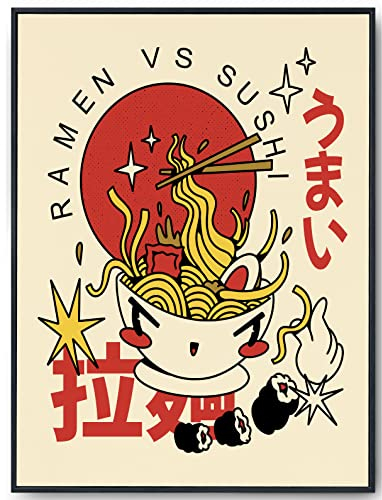 JOPRICO Ramen Poster - Ramen vs. Sushi - vintage Japan Kunstdruck - Küchenposter - japanische Wand Deko