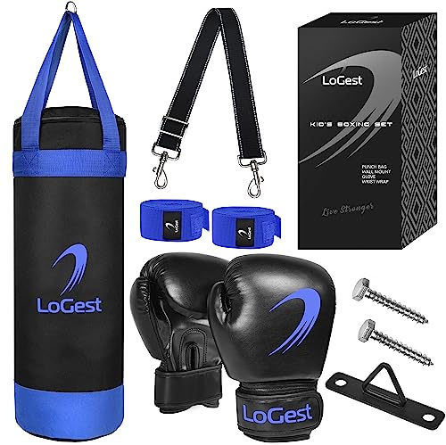LoGest Punching Bag for Kids Boxing Set - Suitable for Kids Punching Bags 3-8 Years of Age - Boxing Gloves & Hand Wraps Included - Youth Children Boxing MMA Kickboxing Muay Thai Karate Punching Bag