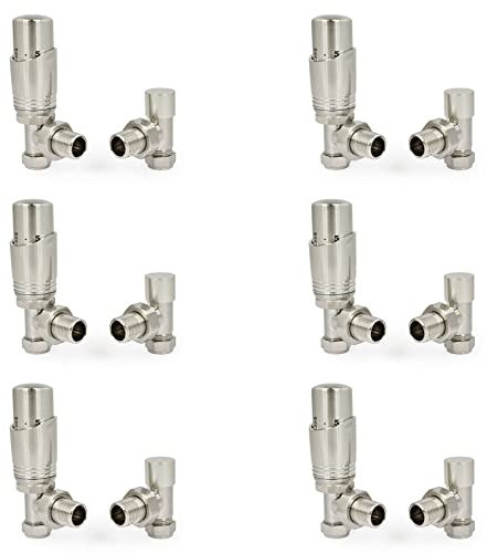 Hot Flow (6 Pack Bundle) Satin Nickel Cascade Angled Modern TRV Thermostatic Radiator Valve (Pair) Includes 6X Angled TRV Body's & 6X Lock Shields for Quick & Easy Temperature Control.
