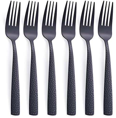 FULLYWARE Ensemble de 6 fourchettes à dîner noir mat, 20,3 cm en acier inoxydable noir fourchette à argenterie, fourchette en métal martelé, finition satinée