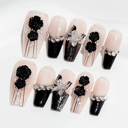 Sun&Beam Nails Handmade Long Coffin Ballerina Nude False Nail Tips with Cute 3D Black Flower Butterfly Diamond Popular Charm Design Press On Nails 10 Pcs (#69 S)