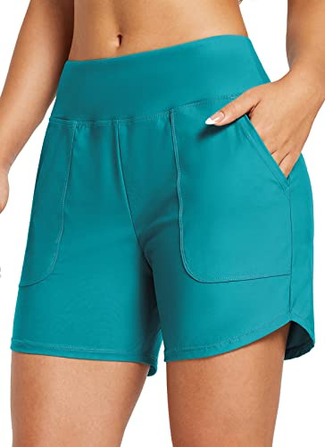 baleaf Swim Shorts Women 5 High Waisted Swimming Custome Bottoms Tummy Control Swimsuits Board Beach Shorts Aqua Blue 2XL