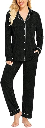 SWOMOG Women Pyjamas Sets Soft Long Sleeve Button Down Sleepwear Soft Pjs Set Loungewear Black Grey M
