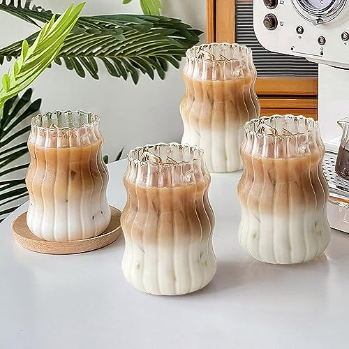 FZQBEY Verres à vin Vintage verrerie côtelée, 530 ml verre ondulé Cucurbita forme de glace tasse à café, forme ondulée Whisky Cocktail jus de boisson verre bière thé smoothie soda (4pcs)