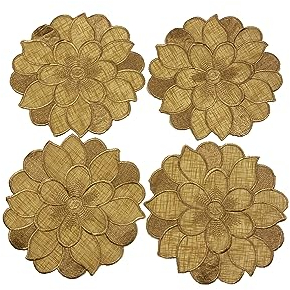 Aude Home Deckchen 4er Packung Tischdeckenset Bestickt 20cm rund Organza Goldbraun