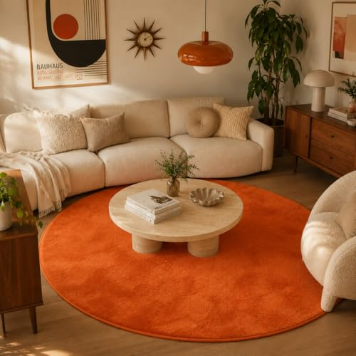 Pergamon Melia Orange Rund – Luxus Super Soft Hochflor Teppich, Flauschiger Shaggy Teppich, weich, rutschfest & pflegeleicht
