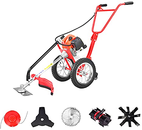 Suuim Cortacésped de Empuje Manual, 4 Cuchillas de Corte + Rueda de desmalezado + escarificador Desmalezador doméstico Multifuncional Motor de 2 Tiempos Cortacésped pequeño de Gasolina
