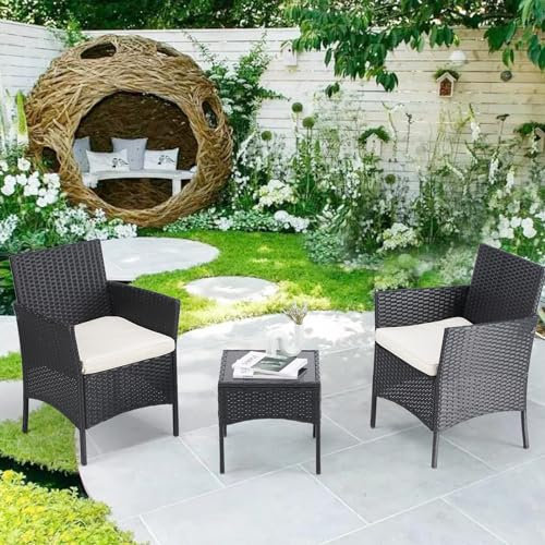 Patio Furniture Conversation Set Outdoor Rattan Chair Garden PE Wicker Sofa Couch Backyard Balcony Porch Poolside Loveseat with Soft Cushion and Glass Table, 3 Piece, Black