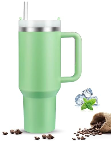 KISUOMAOYI 30 Oz Travel Tumbler with Straw Lid and Handle, Reusable Stainless Steel Water Bottle, Travel Insulated Cup, Leak Proof Vacuum Insulated Water Bottle, Travel Mug for Hot&Cold Drink-Green