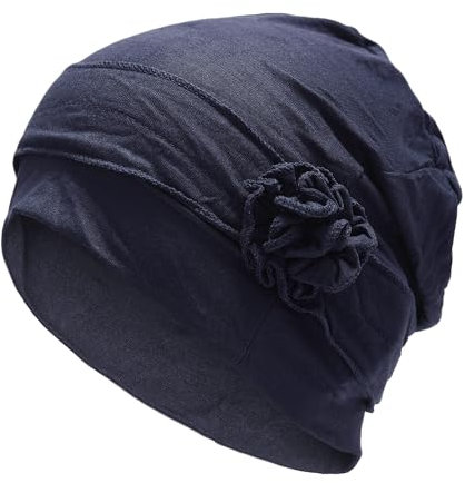 ZLYC Damen Summer Beanie Mütze Elastischer Chemo Hut mit Blumen(Plisseeblume Marine),Einheitsgröße
