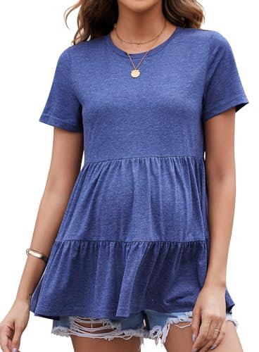 Brynmama Top da maternità a Maniche Corte Maglietta Gravidanza a Balze con Volant Top Peplum Casual Blu Scuro, XX-L
