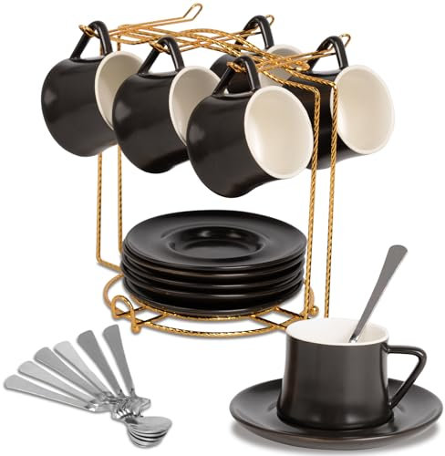W&H Juego de 6 tazas de café con plato, soporte y cucharón, de cerámica para amantes del café, latte, americano y té (negro)