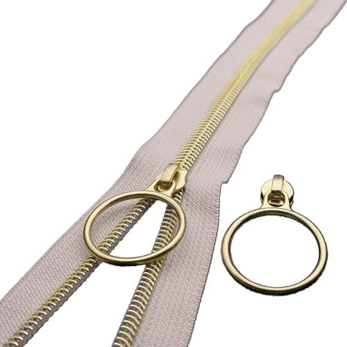 Leekayer The Yard - Cerniere a spirale in nylon dorato metallizzato, 9,1 m, con 25 cursori ad anello dorati, per fai da te, cucito, sartoria, borse artigianali (beige)