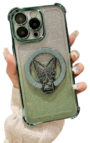 Bakicey Kompatibel mit iPhone XR Hülle,Magnethalterung mit Schmetterling Verlauf Durchsichtig Glitzer PC Handyhülle Luxuriös Kratzfest Case Cover für iPhone XR,Grün