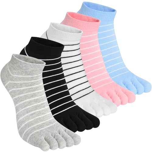 Kevaler Damen Zehensocken Baumwolle Fünf Finger Socken Kurze Socken Knöchelsocken Niedliche Bunt Tier Streifen Muster Sneakersocken Socken Neuheit Sportsocken mit Zehen Einzeln Größe: 35-40/5 Paare