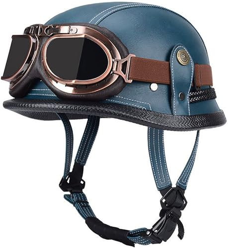 RCGNR Halbschalenhelm ECE Zertifiziert, Jethelm Retro, Vintage Motorrad Helm, Scooter-Helm, Offenem Helm, mit Brille Halbhelm für Männer Frauen,Blau,L