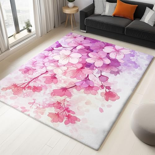 Anime-Stil, Sakura Teppich Schlafzimmer Waschbar Rosa Lila Teppich Wohnzimmer, Weiche Flanell Teppiche, Teppich Kurzflor Pflegeleichter, Anti-Rutsch Unterseite. 120x170 cm
