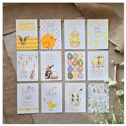 Geschenkhaltig Osterkarten im 12er Set, Kartenset für Ostern, stilvolle Postkarten für Ostern, einzigartiges Osterkartenset