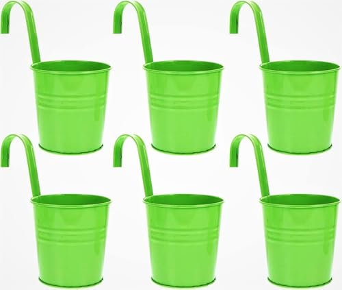 Riyashop 6er Set Grün Blumentopf hängend - Hängetopf - Pflanztopf - Übertopf - Hängeblumentopf - Blumenübertopf Zink - Ø 9/13 cm - B/H/T ca. 13 x 28 x 24 cm - mit abnehmbaren Haken