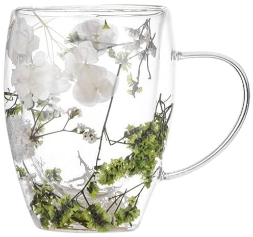 Double Walled Glass Coffee Mug,Double Wall Mug 350ml Floral Double Walled Glass Coffee Mug with Handle Multi-Purpose Heat Insulated Mug for Milk, Juice, Water, Beverage & More