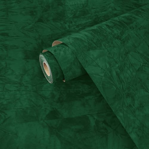 Yullpaper Dark Green Velvet Wallpaper for Bedroom 60cm x 300cm Worktop Cupboard Vinyl Wrap Drawer Liners Soft Flocking Fabric Wallpaper Green Gift Wrapping Paper Feature Furniture Contact Paper