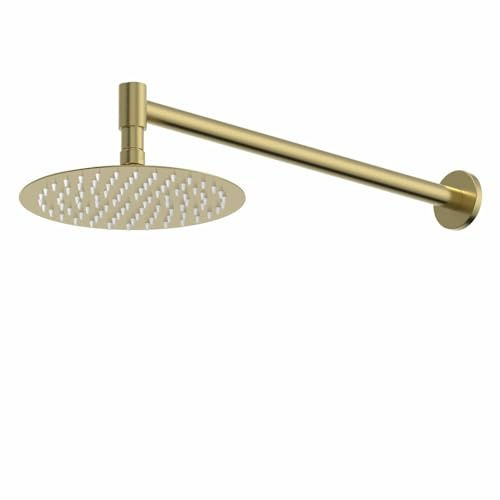Architeckt® Modern Bathroom Rainfall Drencher Shower Head, Wall Mounted Arm, Large Round Stainless Steel Adjustable, Rub Clean Nozzles, Brushed Brass