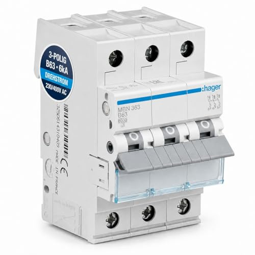 HAGER MBN363 Leitungsschutzschalter 3-polig 63A B-Charakteristik 6kA biconnect Sicherungsautomat für Drehstrom 230/400V LS-Schalter FI-Verteiler Hutschiene DIN EN 60898-1