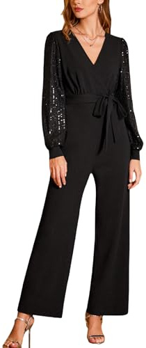 CUPSHE Damen Jumpsuit Elegant Paillette Langarm Party Overall Schwarz M