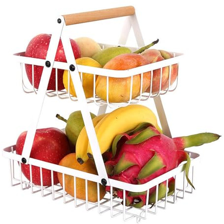 NUWIQ Fruit Basket, 2 Tier Fruit Storage, White Fruit and Vegetable Storage Rack, Removable Fruit Tray, Metal Fruit Basket with Wooden Handle, for Fruit, Bread, Snacks, Vegetable Storage for Kitchen