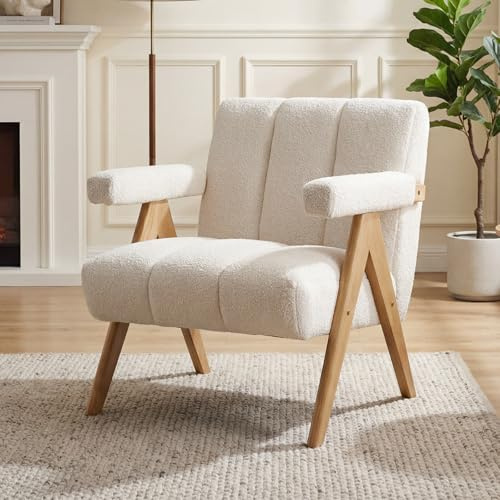 DAYALANE Armlehnensessel, Loungesessel Modern, aus Chenille, Oatmeal | Relaxsessel Skandinavischer Stil, Lounge-Stuhl mit Armlehnen & Holzrahmen, Polstersessel für Wohnzimmer, Schlafzimmer