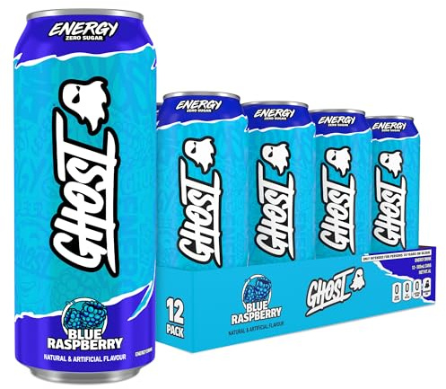 GHOST Energy Drink, Zero Sugar, 12-Pack, Blue Raspberry - 160MG Caffeine | Pre Workout Drink, No Artificial Colors, Gluten-Free & Vegan - 160MG Natural Caffeine, L-Carnitine, Taurine - 500ML Cans