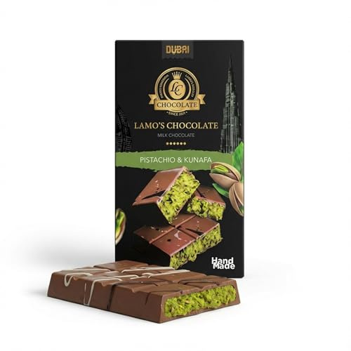 LAMO'S - Chocolat Dubai Pistache et Kunafa 200 g | Fabriqué à Dubaï | Chocolat au Lait Suisse | Kunafa Croustillant | Cadeau Gourmand