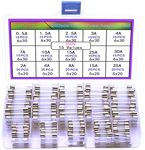 QBGTFAK 250pcs Quick Blow Glass Tube Fuse Assorted Kit 250V fuses 0.5A, 1.5A, 2.5A, 3A, 4A, 7A, 10A, 15A, 25A, 30A, 6x30mm, 250V 2A, 4A, 8A, 15A, 25A, 5x20mm (5x20mm and 6x30mm)