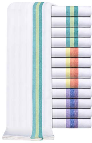 Set of 12 Herringbone Weave Tea Towels - 100% Ring Spun Cotton - Extra Absorbent & Heavy Duty - Hanging Loop - Lint Free - 50 x 70cm