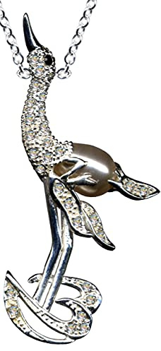 Anhänger + Silberkette Kranich Perle Silberanhänger + Kette Collier Echt Sterling 925 Kettenanhänger Zirkonia Kristalle Strass weiss extravagant gut modisch klar schön