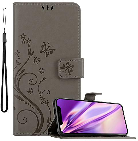 Cadorabo Hülle kompatibel mit Apple iPhone XS MAX Blumen Design aus Kunst Leder Flip Klappbare Stoßfeste Magnetische [Standfunktion] [Kartenfächern] Cover Hülle für iPhone XS MAX Tasche in Grau