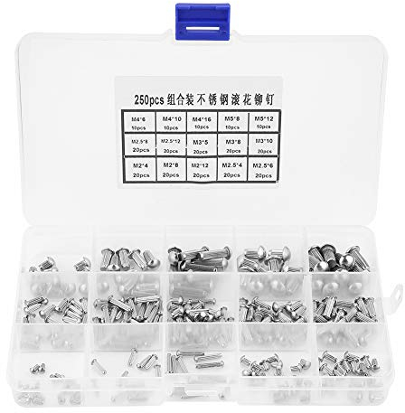 LiebeWH 250pcs Vollnieten, M2-M5 Edelstahl Rundkopf Rändelschaft Niet Sortiment Set Hardware Werkzeuge