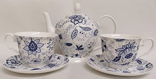 Rainbow Decors Blue Persia Tea Set for Two Fine Bone China Oriental Blue Floral 1 Teapot 2 Cups 2 Saucers Hand Decorated UK