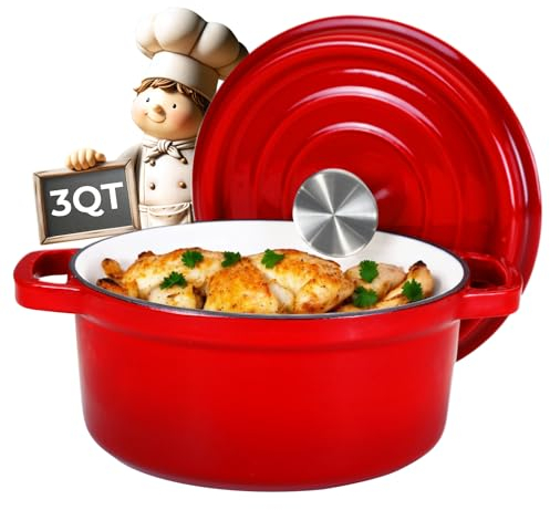 Healthy Choices Horno holandés de hierro fundido esmaltado de 3,3 litros, color rojo (compatible con estufa de gas, eléctrica, inducción, horno, cerámica o sobre fuego abierto)