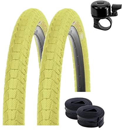 2 x Kenda K-907 Krackpot 20 BMX Fahrradreifen Fahrradmantel in Gelb 50-406 (20 x 1.95) + 2 passende Schläuche AV inkl. Fahrradklingel