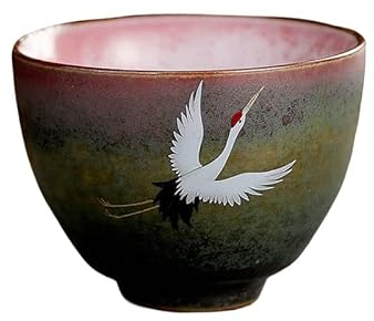 HonHeam Tasse à thé japonaise en céramique - Motif grue - Tasse à thé en porcelaine faite à la main - Tasse unique de Kung Fu chinois - Service à thé rétro changé au four (A)