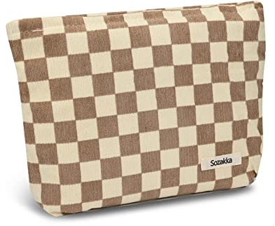 Fycyko Reise Kosmetiktasche,Tragbare Reise Make Up Tasche, Multifunktionale Kulturtasche aus Cord, Karierte Kulturbeutel Waschtasche Organizer für Damen und Frauen - Beige