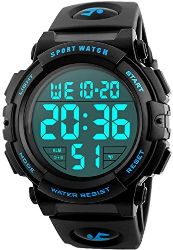 kieyeeno Herren Digital Sport Uhren, 50M Wasserdicht Sport Outdoor Armbanduhr mit LED Licht, Alarm, Kalender, Stoppuhr, 12/24 Stunden Duale Zeitzone (Blau)