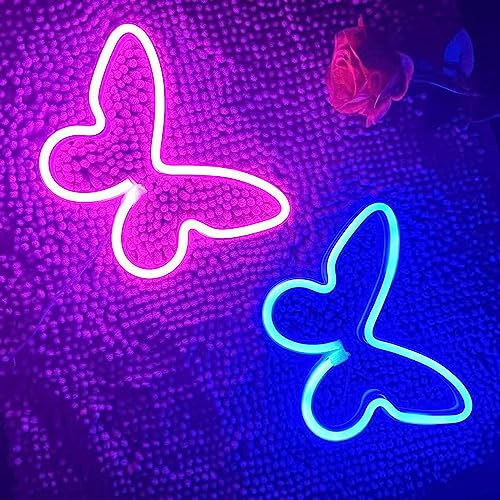HFHungkeong Butterfly Neon Signs für Wand, Büro, Wohnheim, Hochzeit, Geburtstag, Party, Raumdekoration, Neon Butterfly Led Signs Butterfly Decorations 2 Stück (Eisblau + Rosa)